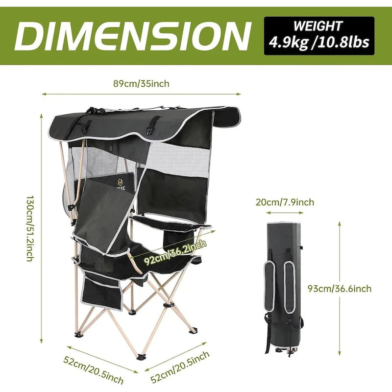 Chaise de camping avec auvent pare-soleil, Chaises de camping portables, Auvent pare-soleil détachable, Poche latérale et porte-gobelet