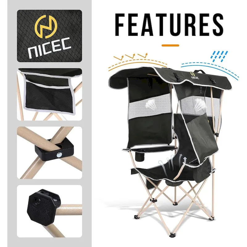 Chaise de camping avec auvent pare-soleil, Chaises de camping portables, Auvent pare-soleil détachable, Poche latérale et porte-gobelet