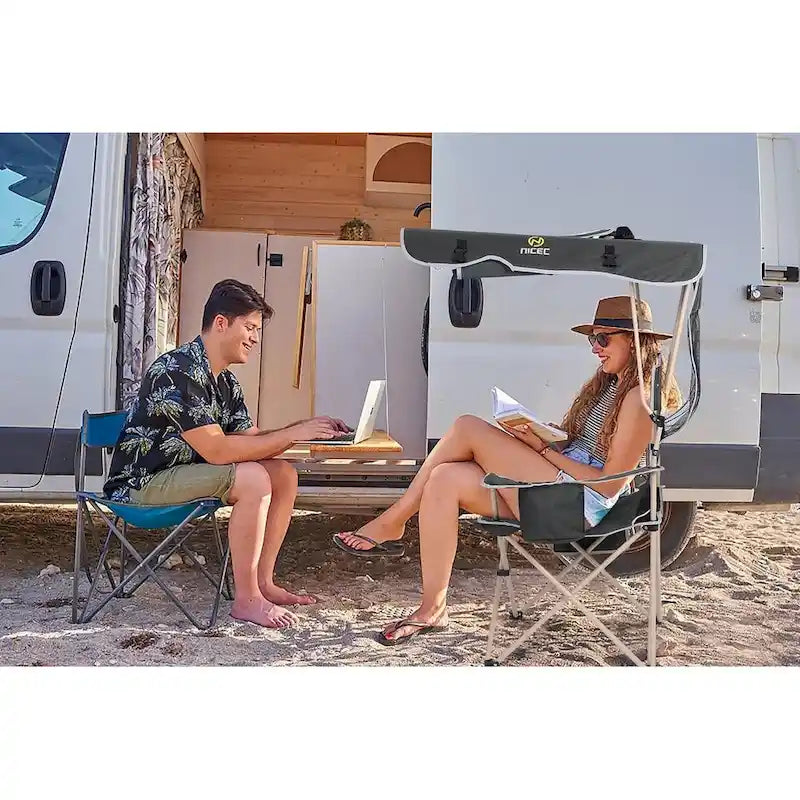 Chaise de camping avec auvent pare-soleil, Chaises de camping portables, Auvent pare-soleil détachable, Poche latérale et porte-gobelet