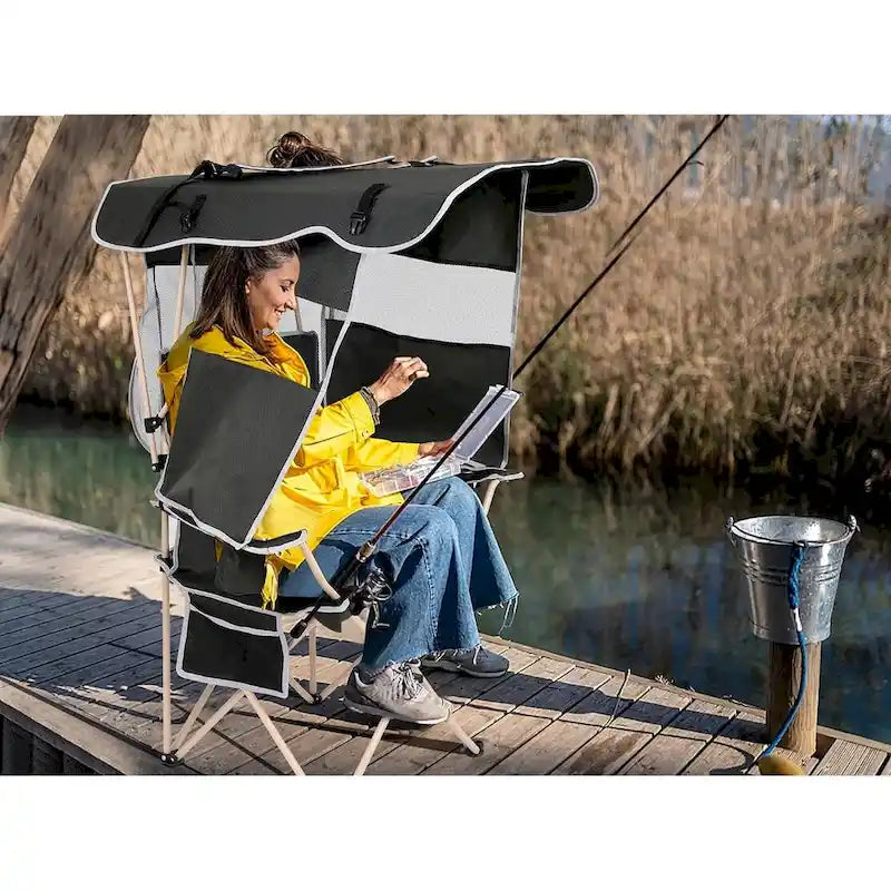 Chaise de camping avec auvent pare-soleil, Chaises de camping portables, Auvent pare-soleil détachable, Poche latérale et porte-gobelet