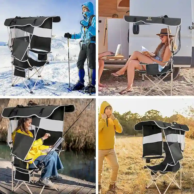 Chaise de camping avec auvent pare-soleil, Chaises de camping portables, Auvent pare-soleil détachable, Poche latérale et porte-gobelet
