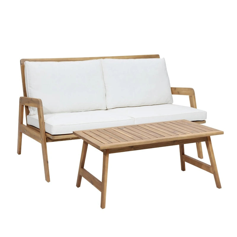 Salon de jardin en bois d'acacia, table basse et banquette avec coussins