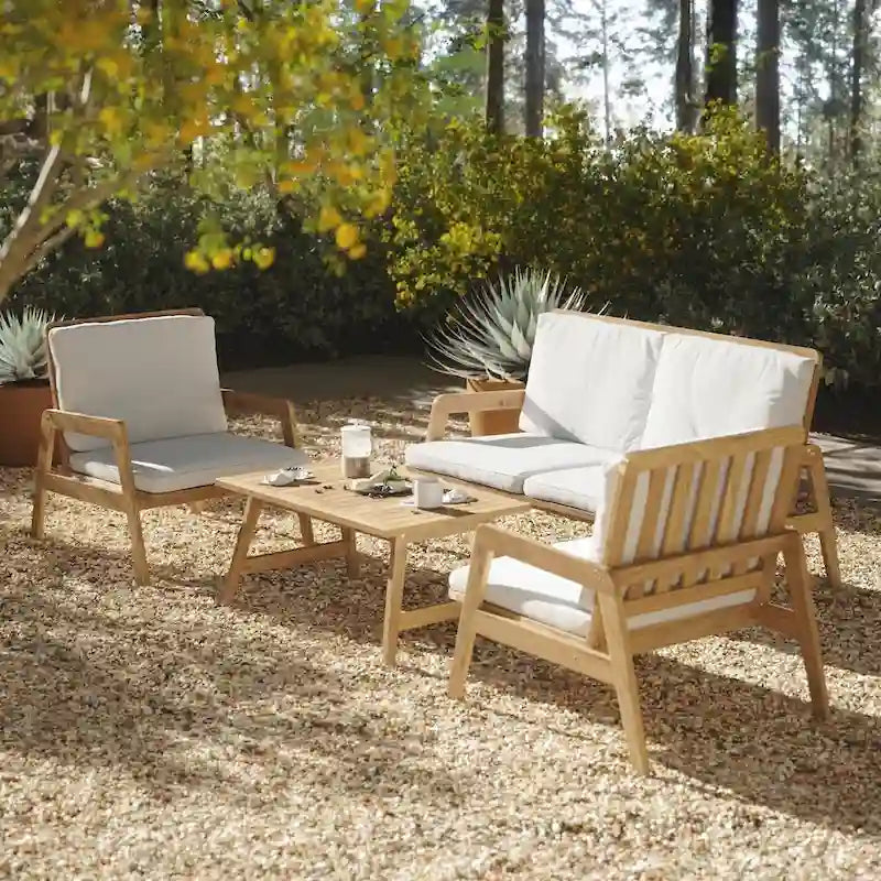 Salon de jardin en bois d'acacia, table basse et banquette avec coussins