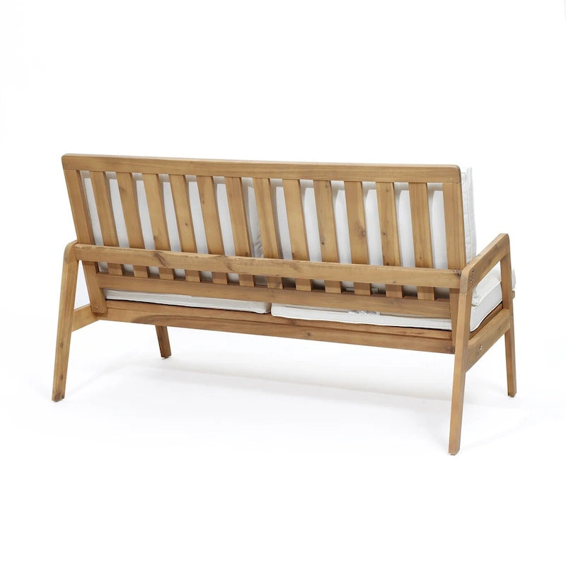 Salon de jardin en bois d'acacia, table basse et banquette avec coussins