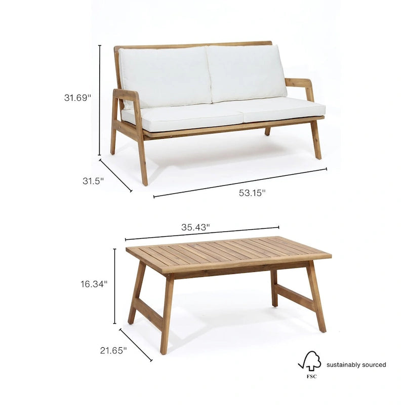 Salon de jardin en bois d'acacia, table basse et banquette avec coussins