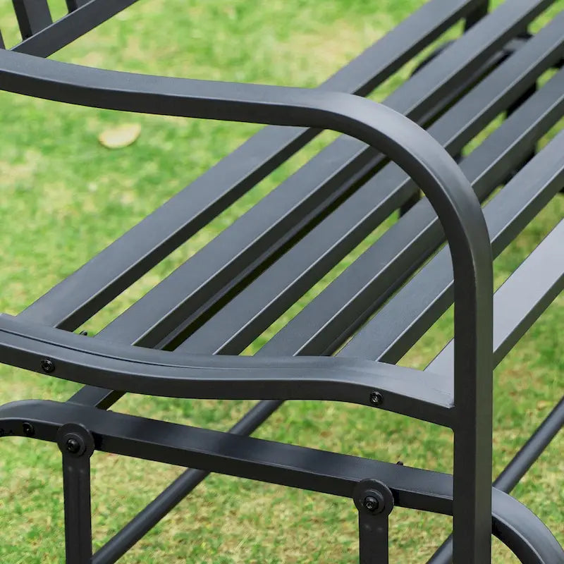 Banc planeur d'extérieur, avec accoudoirs, assise et dossier à lattes, causeuse avec cadre en acier thermolaqué