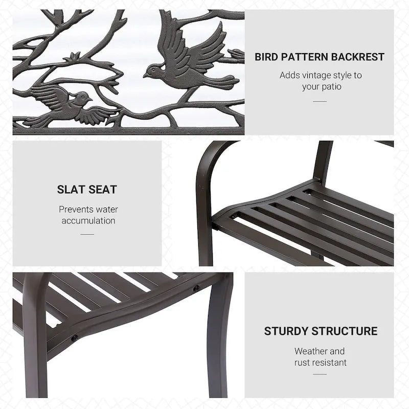 Banc de jardin Outsunny 50, banc de terrasse extérieur avec motif animalier, banc en métal en acier moulé