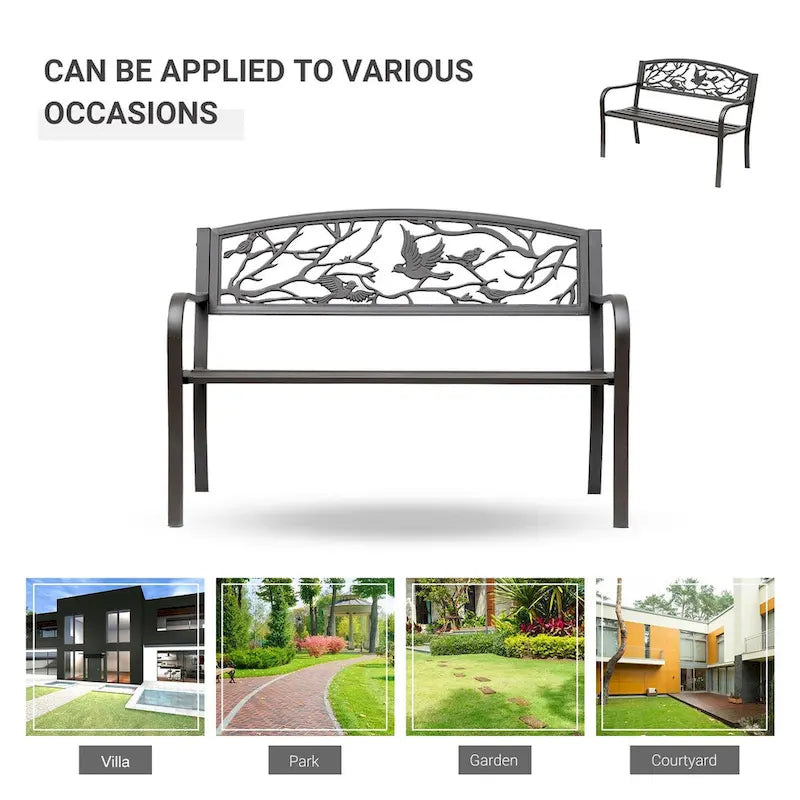 Banc de jardin Outsunny 50, banc de terrasse extérieur avec motif animalier, banc en métal en acier moulé