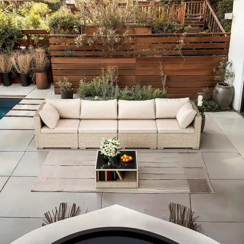 Ensemble de meubles de patio 5 pièces, salon de jardin d'extérieur bohème toutes saisons avec canapé sectionnel et coussins épais gris résistants à l'eau