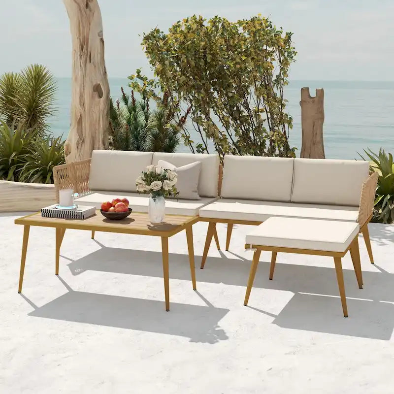 Moasis Salon de jardin 4 pièces, canapé d'angle en L avec coussins et table d'appoint