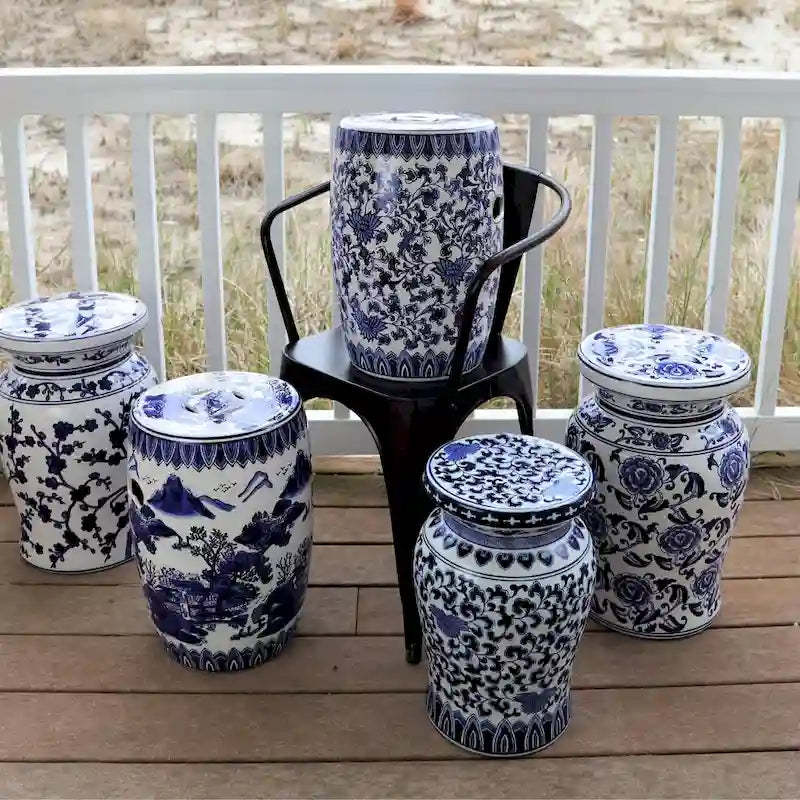 Euro Ceramica Blue Garden Tabouret Podium Décoratif Lotus en Porcelaine
