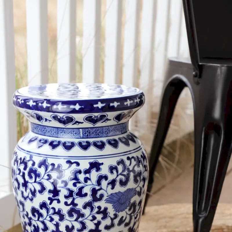 Euro Ceramica Blue Garden Tabouret Podium Décoratif Lotus en Porcelaine