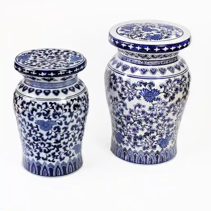 Euro Ceramica Blue Garden Tabouret Podium Décoratif Lotus en Porcelaine
