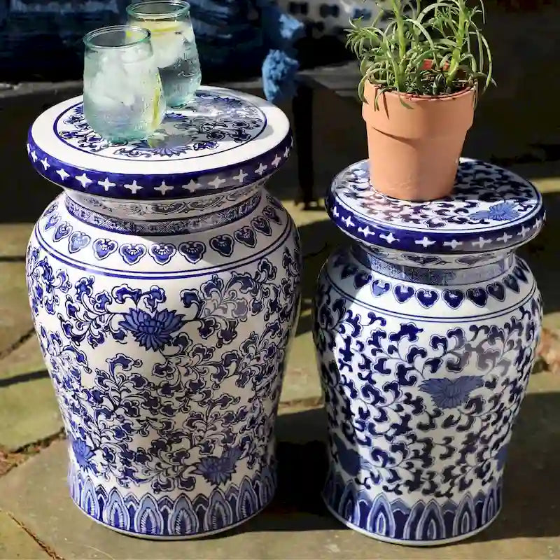 Euro Ceramica Blue Garden Tabouret Podium Décoratif Lotus en Porcelaine