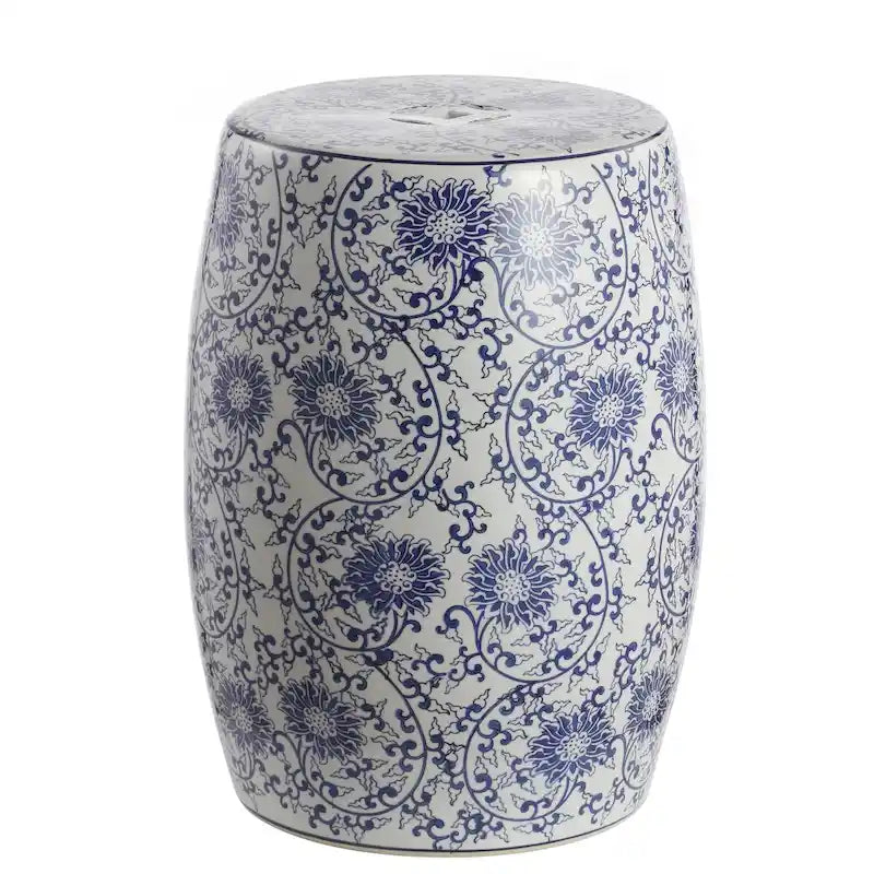 Tabouret de jardin cylindrique en céramique Chinoiserie Lotus Blossom 17,5", bleu/blanc