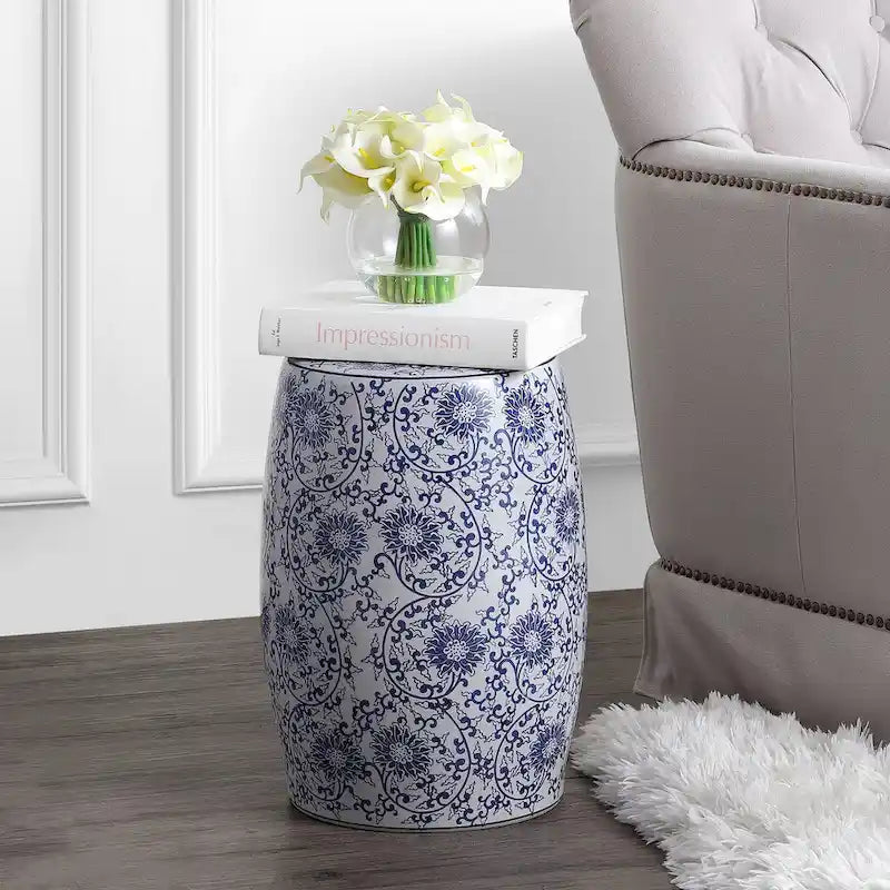 Lotus Blossom 17.5 Chinoiserie Ceramic Drum Garden Stool, Blue/White