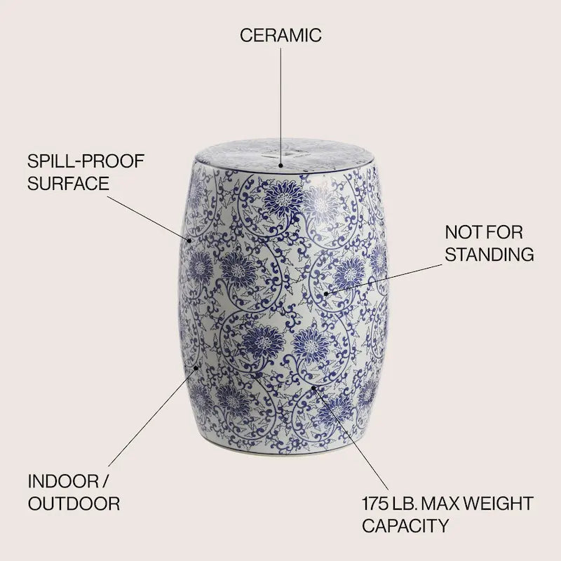 Tabouret de jardin cylindrique en céramique Chinoiserie Lotus Blossom 17,5", bleu/blanc