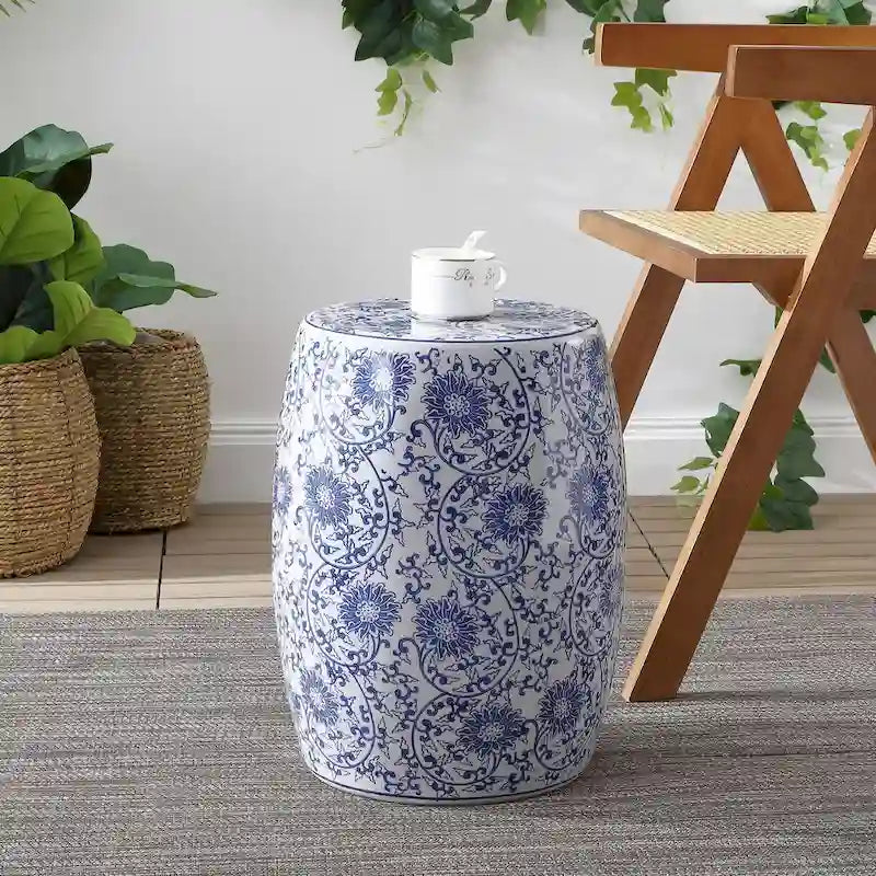 Tabouret de jardin cylindrique en céramique Chinoiserie Lotus Blossom 17,5", bleu/blanc