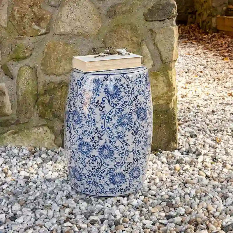 Tabouret de jardin cylindrique en céramique Chinoiserie Lotus Blossom 17,5", bleu/blanc