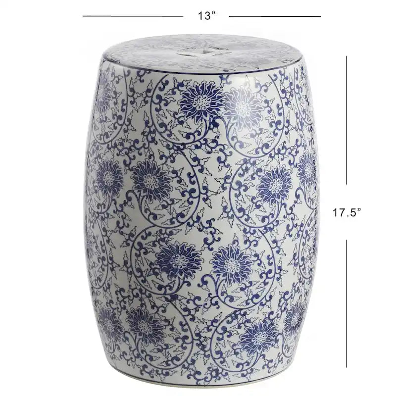 Tabouret de jardin cylindrique en céramique Chinoiserie Lotus Blossom 17,5", bleu/blanc