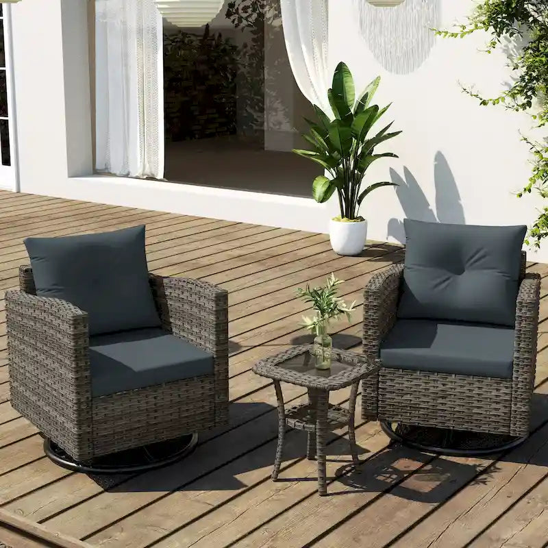 Ensemble de conversation d'extérieur 3 pièces en rotin avec chaises pivotantes et coussins