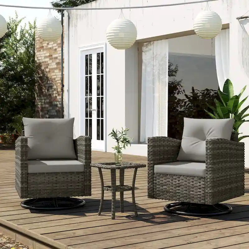 Ensemble de conversation d'extérieur 3 pièces en rotin avec chaises pivotantes et coussins