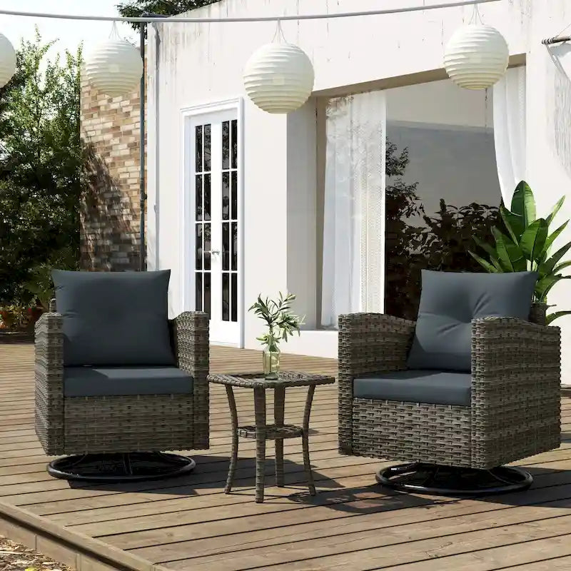Ensemble de conversation d'extérieur 3 pièces en rotin avec chaises pivotantes et coussins