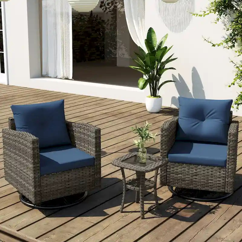 Ensemble de conversation d'extérieur 3 pièces en rotin avec chaises pivotantes et coussins