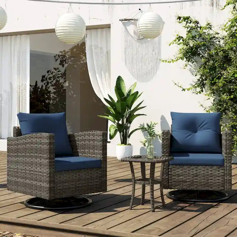 Ensemble de conversation d'extérieur 3 pièces en rotin avec chaises pivotantes et coussins