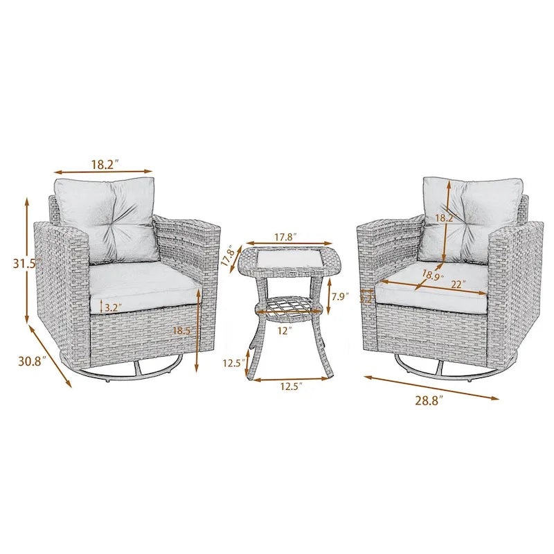 Ensemble de conversation d'extérieur 3 pièces en rotin avec chaises pivotantes et coussins