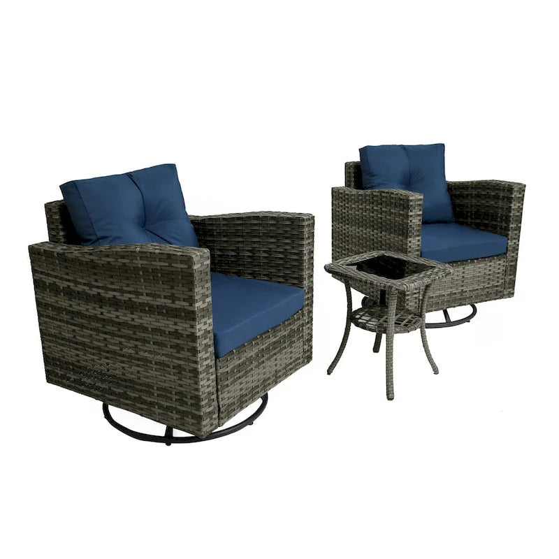 Ensemble de conversation d'extérieur 3 pièces en rotin avec chaises pivotantes et coussins