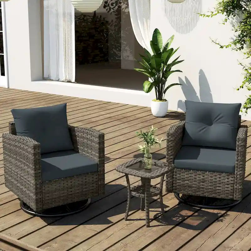 Ensemble de conversation d'extérieur 3 pièces en rotin avec chaises pivotantes et coussins