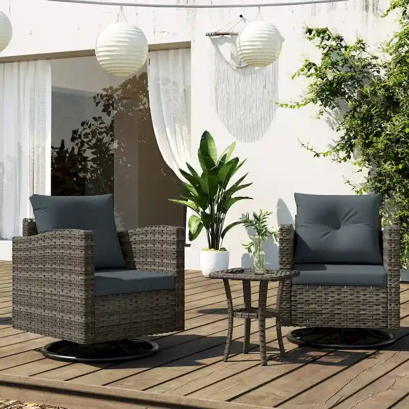 Ensemble de conversation d'extérieur 3 pièces en rotin avec chaises pivotantes et coussins
