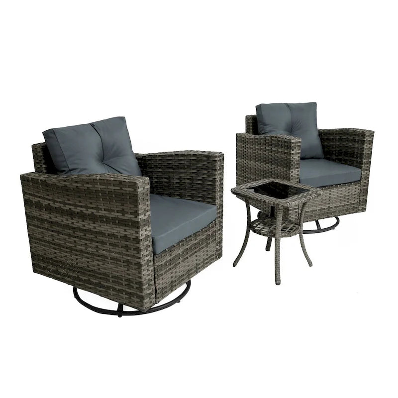 Ensemble de conversation d'extérieur 3 pièces en rotin avec chaises pivotantes et coussins