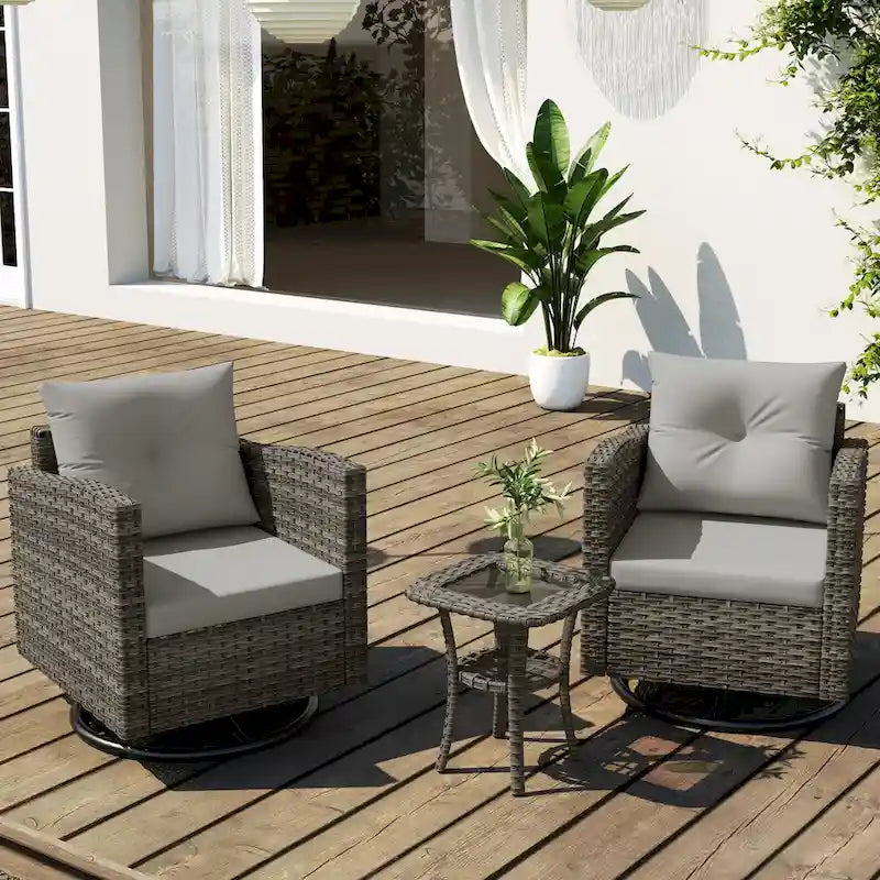 Ensemble de conversation d'extérieur 3 pièces en rotin avec chaises pivotantes et coussins
