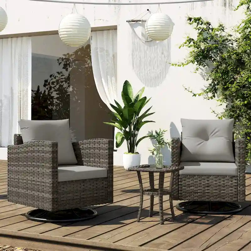 Ensemble de conversation d'extérieur 3 pièces en rotin avec chaises pivotantes et coussins