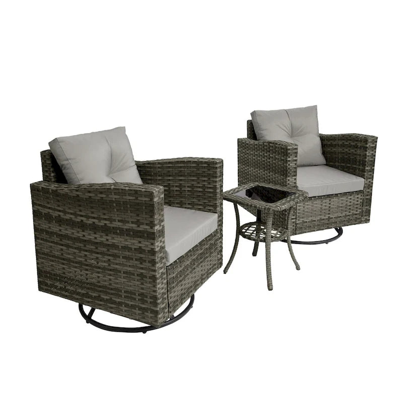 Ensemble de conversation d'extérieur 3 pièces en rotin avec chaises pivotantes et coussins