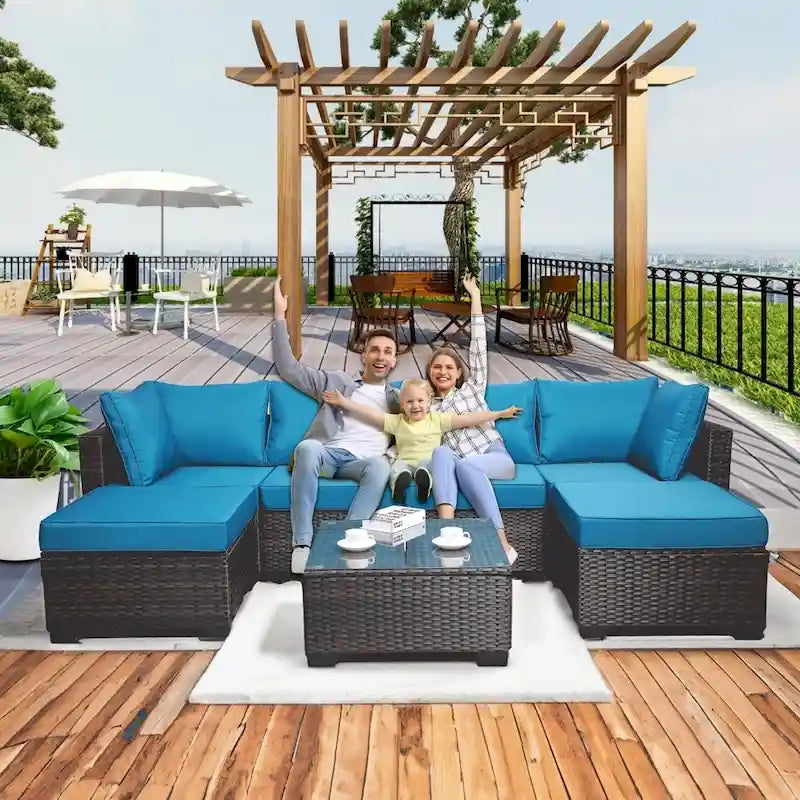 Ensemble de canapés de jardin 7 pièces en rotin tressé avec table basse et coussins