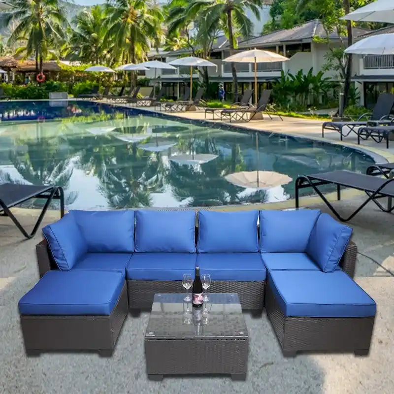 Ensemble de canapés de jardin 7 pièces en rotin tressé avec table basse et coussins