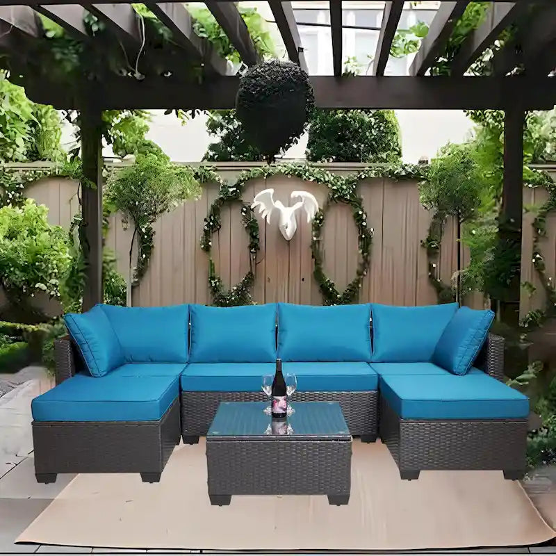 Ensemble de canapés de jardin 7 pièces en rotin tressé avec table basse et coussins