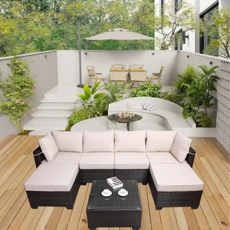 Ensemble de canapés de jardin 7 pièces en rotin tressé avec table basse et coussins