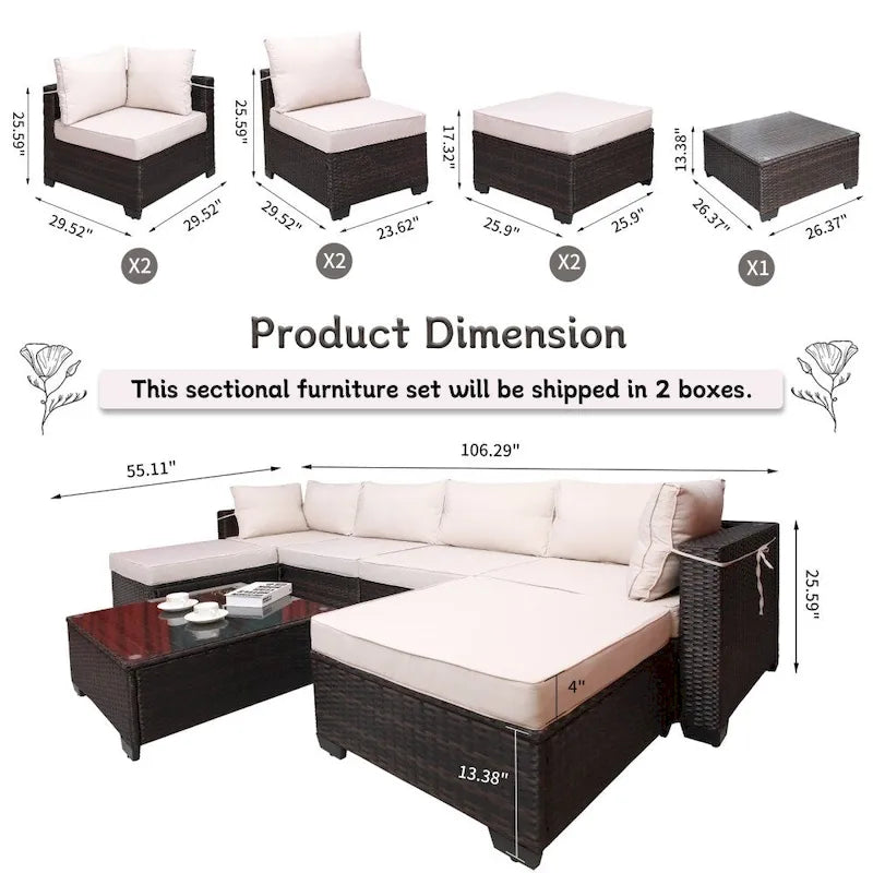 Ensemble de canapés de jardin 7 pièces en rotin tressé avec table basse et coussins