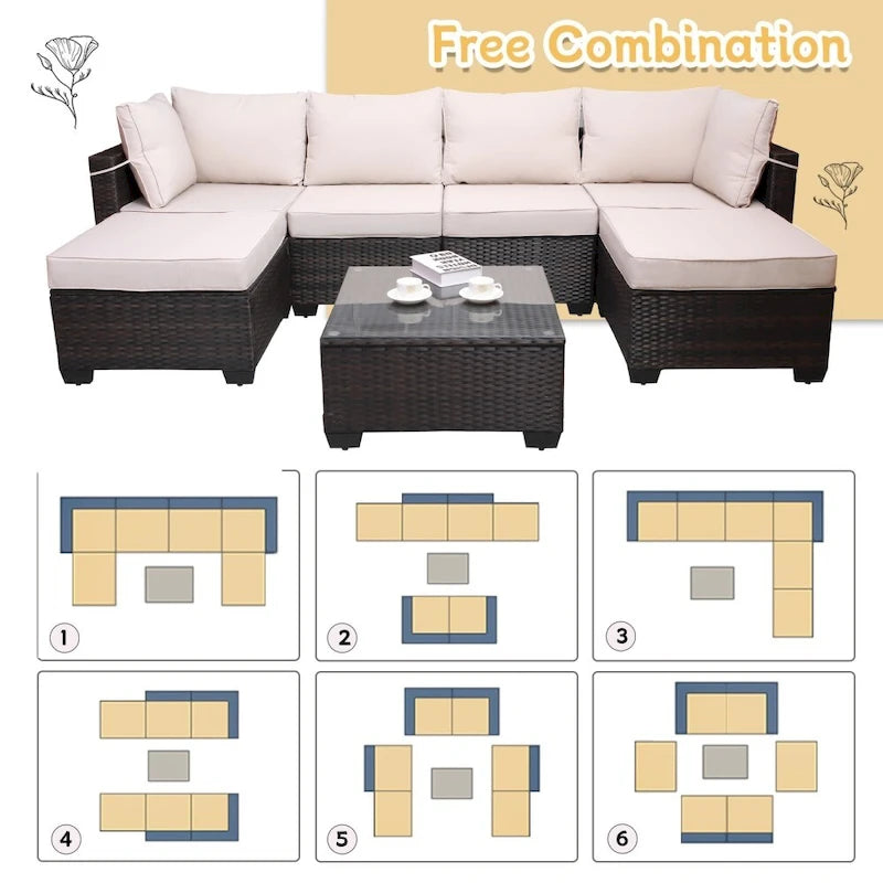 Ensemble de canapés de jardin 7 pièces en rotin tressé avec table basse et coussins