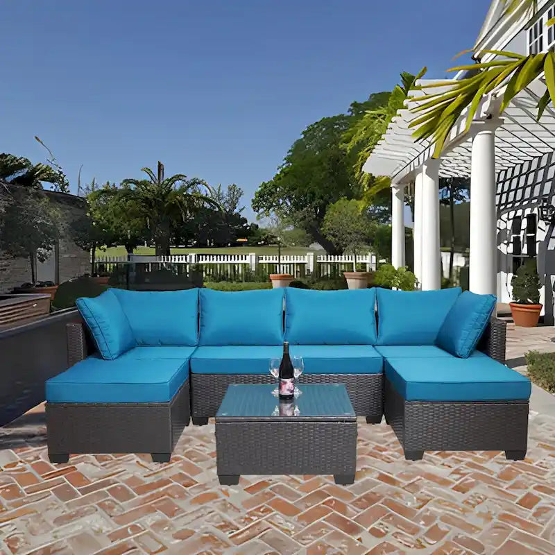 Ensemble de canapés de jardin 7 pièces en rotin tressé avec table basse et coussins