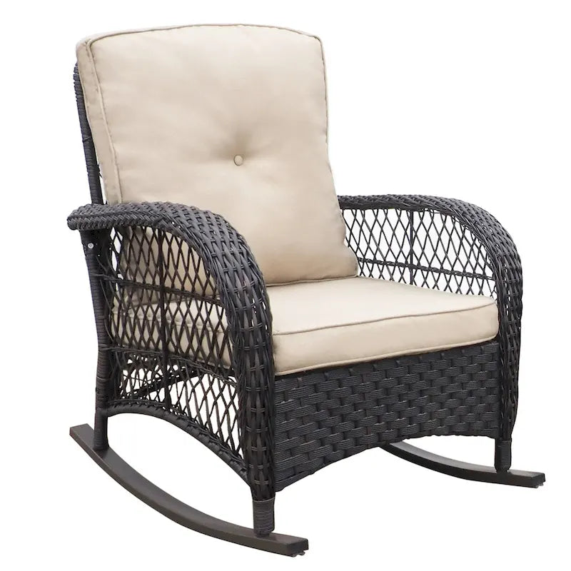 Fauteuil à bascule d'extérieur en rotin avec coussin et cadre en métal thermolaqué