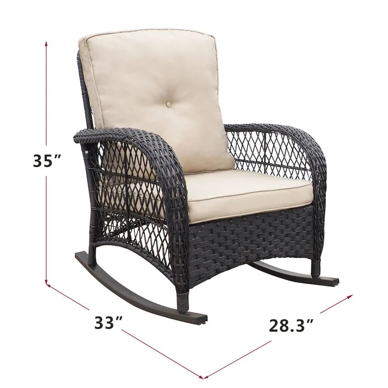 Fauteuil à bascule d'extérieur en rotin avec coussin et cadre en métal thermolaqué
