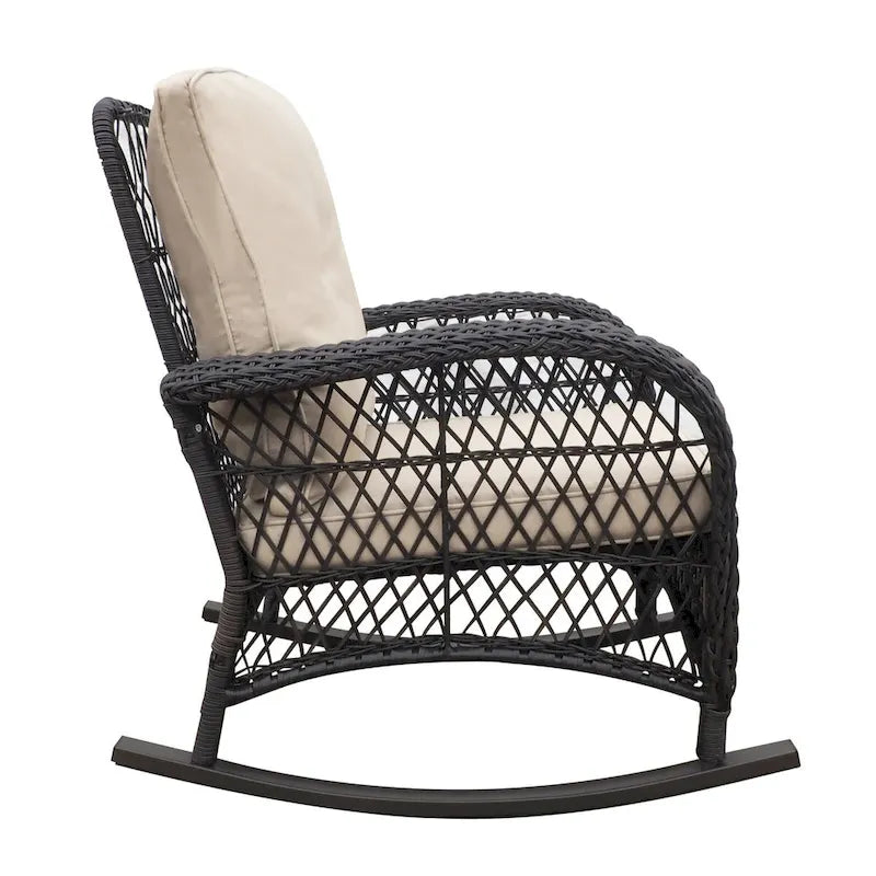 Fauteuil à bascule d'extérieur en rotin avec coussin et cadre en métal thermolaqué