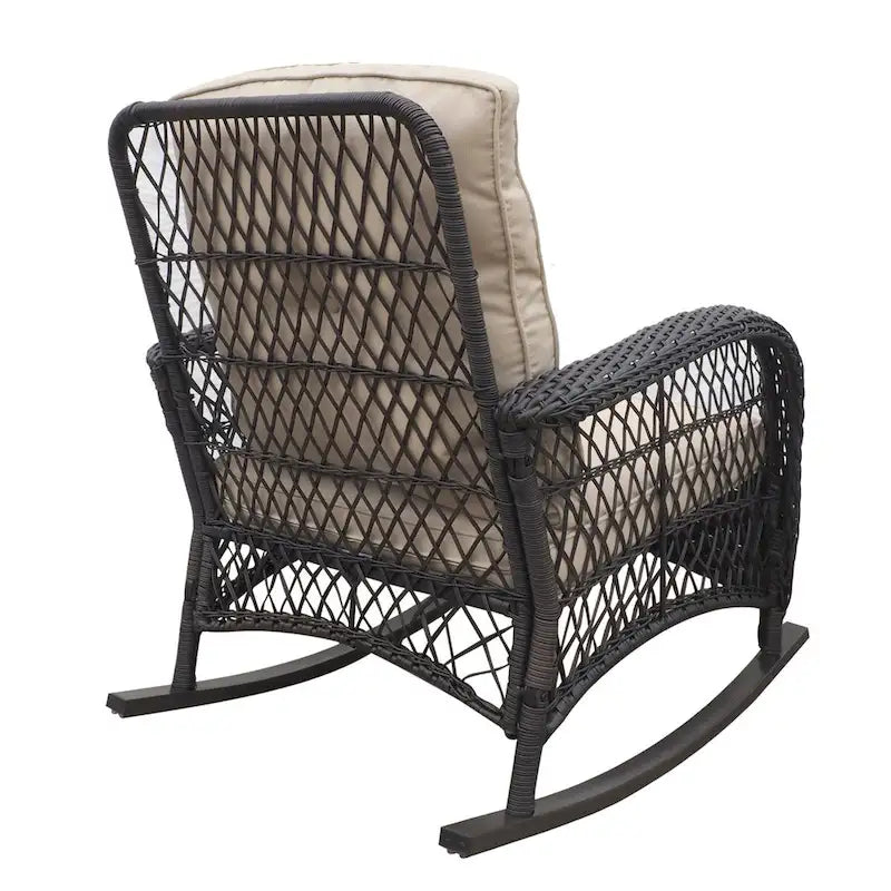 Fauteuil à bascule d'extérieur en rotin avec coussin et cadre en métal thermolaqué