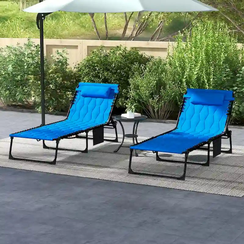 Lot de 2 chaises longues pliantes d'extérieur avec dossier inclinable sur 5 positions, assise rembourrée, pochette latérale et appuie-tête