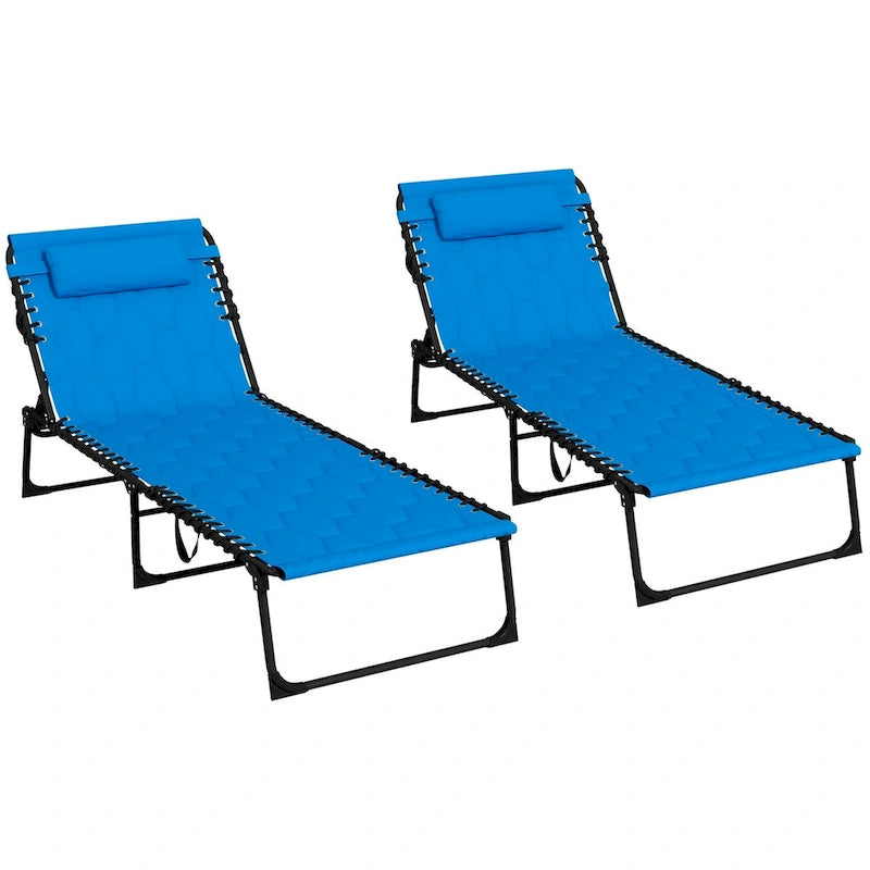 Lot de 2 chaises longues pliantes d'extérieur avec dossier inclinable sur 5 positions, assise rembourrée, pochette latérale et appuie-tête